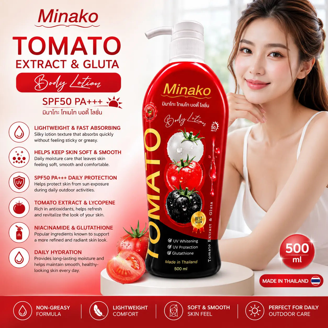 Minako Tomato Gluta Body Lotion texture close-up tomato extract glutathione niacinamide SPF50 formula