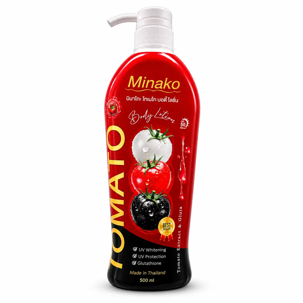 Minako Tomato Extract Gluta Body Lotion 500ml bottle packaging Thailand brightening SPF body lotion