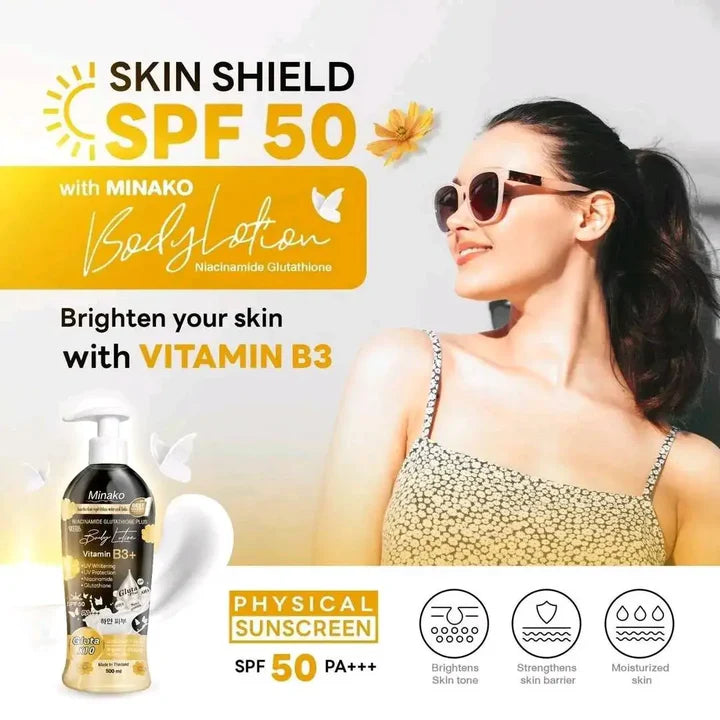 Minako Niacinamide Glutathione Plus Body Lotion 500ml bottle packaging Thailand brightening body lotion