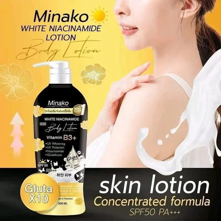 Thai FDA registered Minako Niacinamide Glutathione Plus Body Lotion for dull body skin dark spots uneven tone 500ml