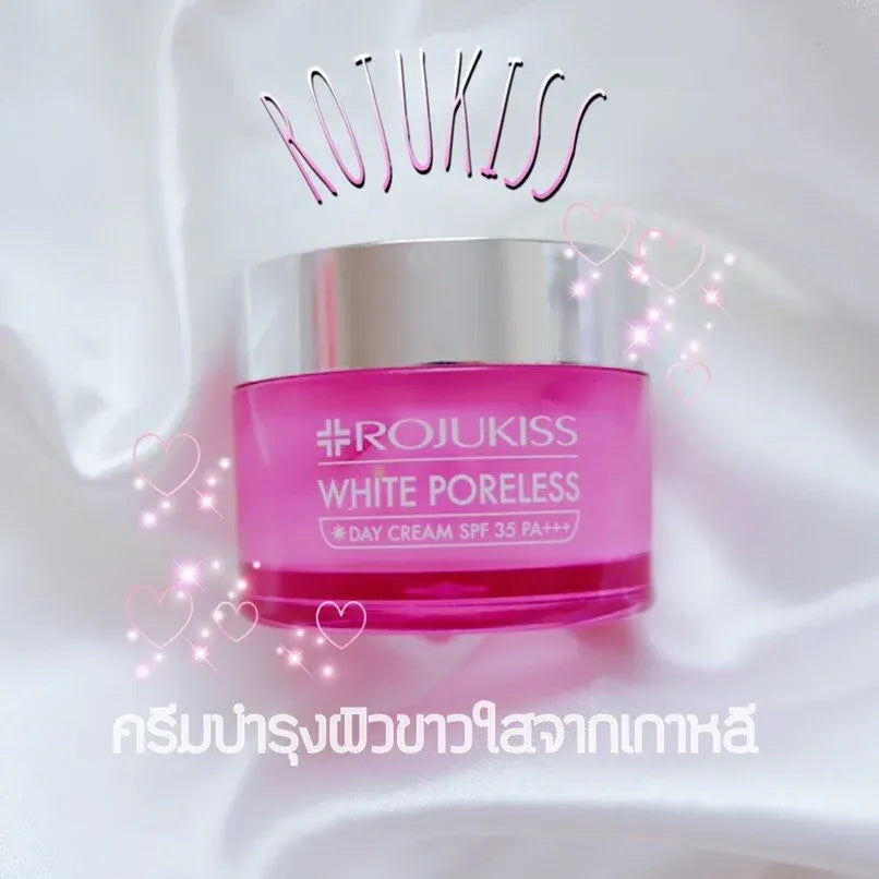 Complete Rojukiss White Poreless skincare routine with day and night cream from Thailand
