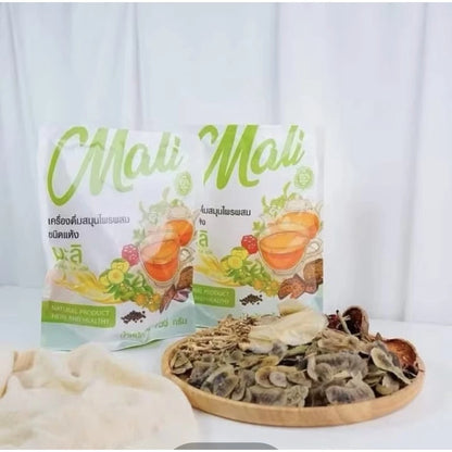 Malee Herbal Tea ingredients close-up natural dried herbs Amla tamarind Garcinia Cambogia black pepper stevia jujube bael fruit