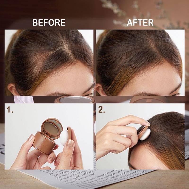 Woman applying LUMINEE Hairline Powder for fuller natural looking hair and defined eyebrows before after results