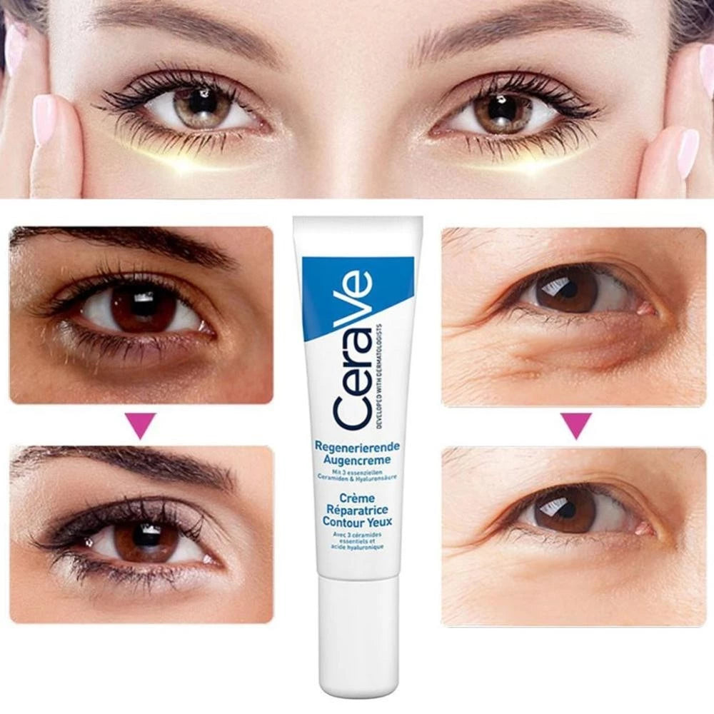 Woman applying CeraVe Eye Repair Cream for smooth hydrated youthful eyes before after