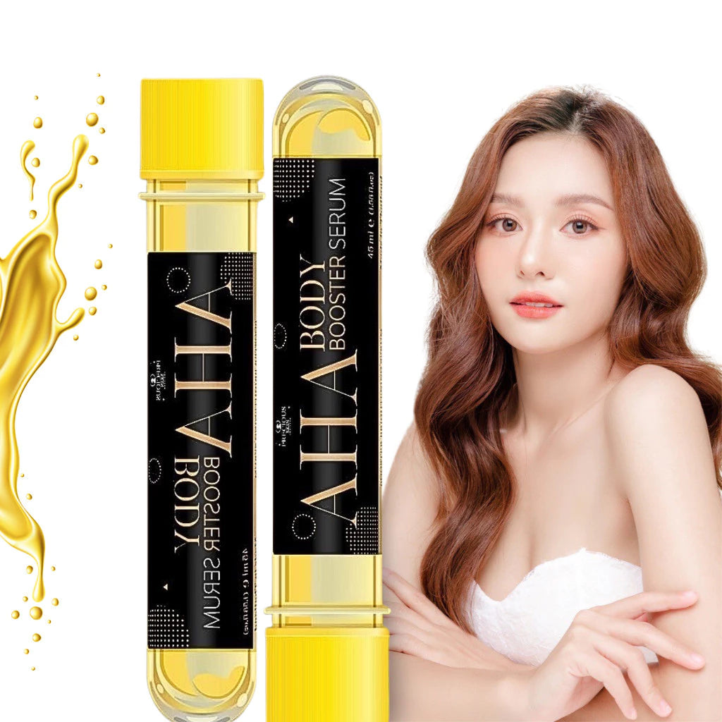 Woman applying Precious AHA body serum demonstrating direct application technique for exfoliating and brightening benefits