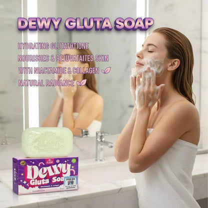 Woman using ALADA DEWY GLUTA SOAP in shower for glowing even-toned skin before after results