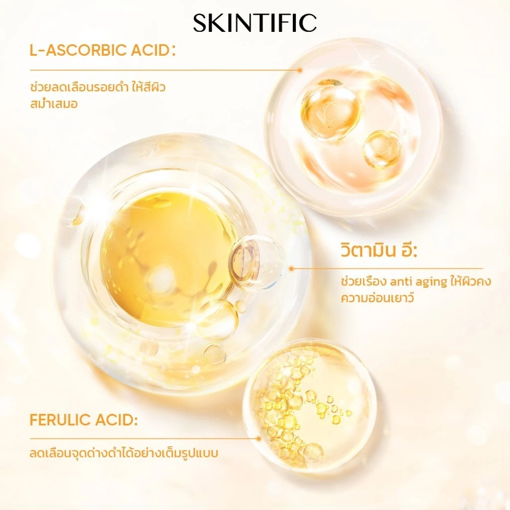 Skintific Vitamin C Serum texture close-up lightweight fast-absorbing formula pure Vitamin C Triple Antioxidants Multi-weight Hyaluronic Acids