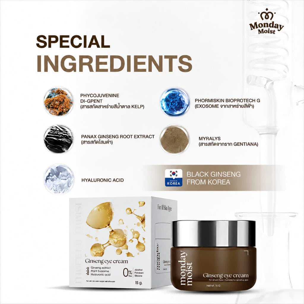 Monday Moist Ginseng Eye Cream 10g jar packaging Thailand brightening hydrating eye cream with Panax Ginseng Extract Exosomes