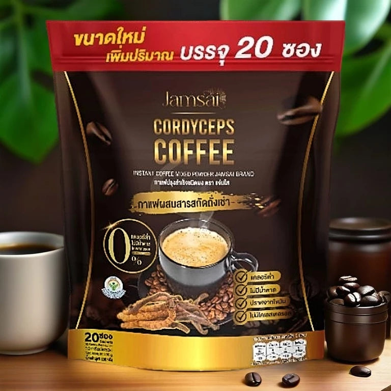 Thai FDA registered Jamsai Cordyceps Coffee for low energy mental fatigue afternoon slumps