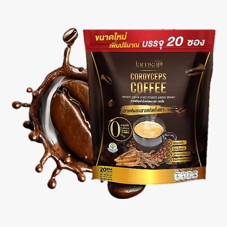 Woman enjoying Jamsai Cordyceps Coffee for sustained energy mental focus wellness