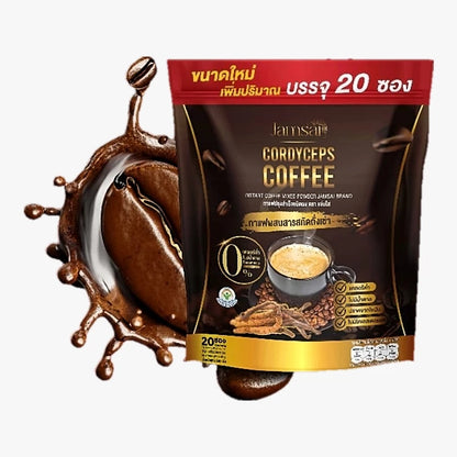 Woman enjoying Jamsai Cordyceps Coffee for sustained energy mental focus wellness