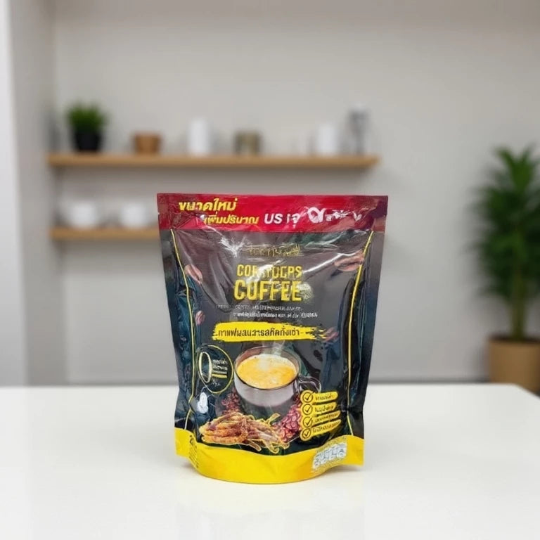 Jamsai Cordyceps Coffee sachet packaging Thailand adaptogenic energy coffee functional beverage