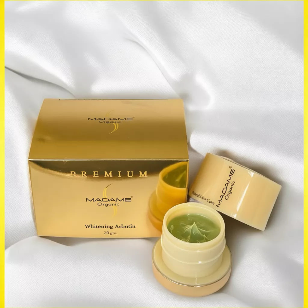 Woman applying MADAME ORGANIC Pearl Cream for radiant bright smooth glowing skin before after dark spot results
