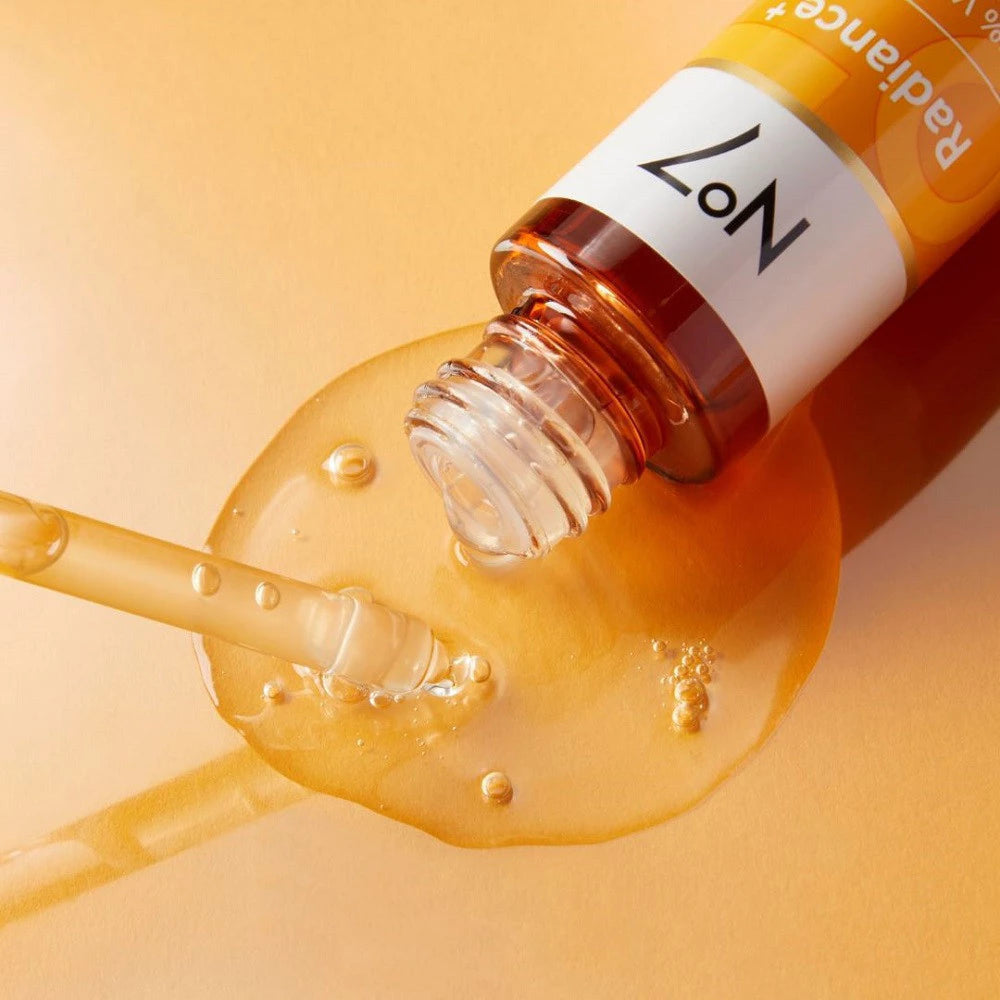No7 Radiance +15 Vitamin C Serum texture close-up stabilized Vitamin C antioxidant formula