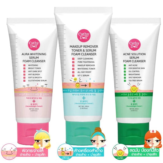 Before and after showing clearer, less oily, more radiant skin after twice-daily use of Cathy Doll Serum Foam Cleanser Acne Solution