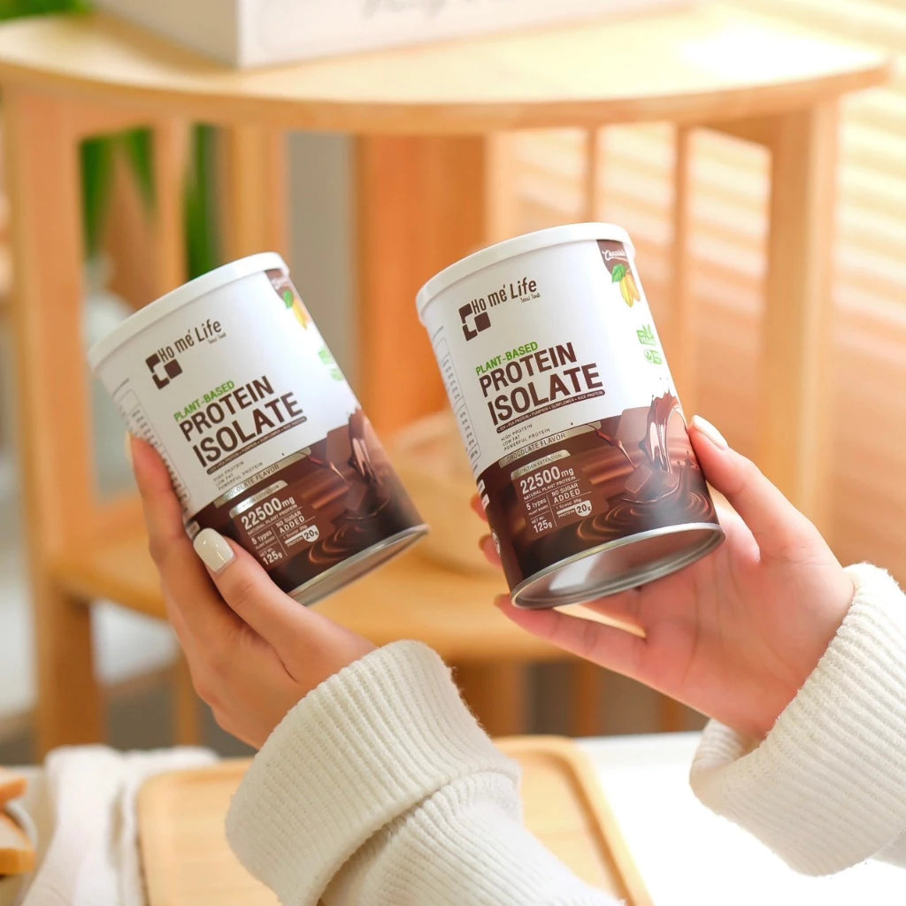 Woman drinking Ho me' life Plant Protein shake for muscle recovery and weight management before after results