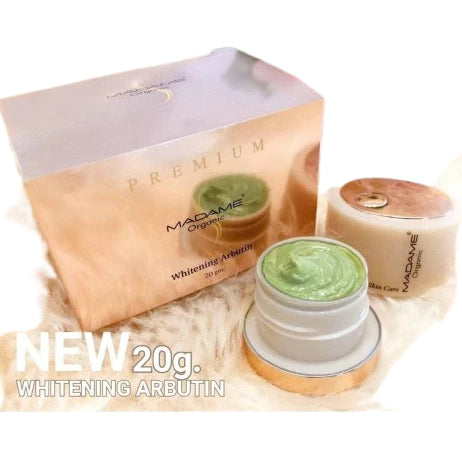 MADAME ORGANIC Cream 20g jar packaging Thailand brightening facial cream with Algae and Pearl formulas Arbutin Kojic Acid