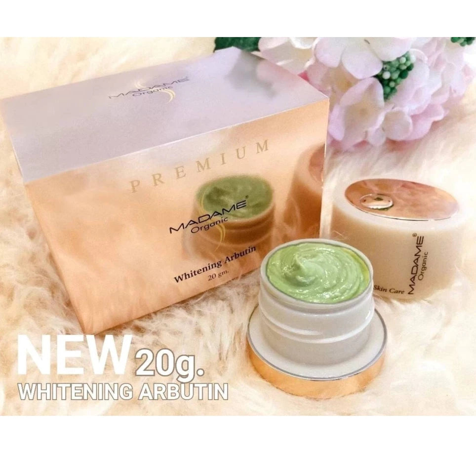 MADAME ORGANIC Cream 20g jar packaging Thailand brightening facial cream with Algae and Pearl formulas Arbutin Kojic Acid