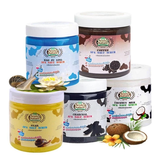 Collection of spa salt scrubs with various scents and packaging designs on a white background.