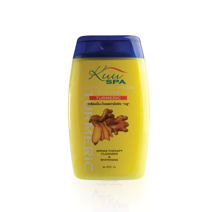 Woman using Kuu Spa Turmeric Salt Scrub for smooth bright radiant body skin before after