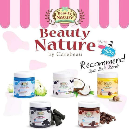 Collection of Beauty Nature by Carebeau spa salt scrub containers with product images on a white background.