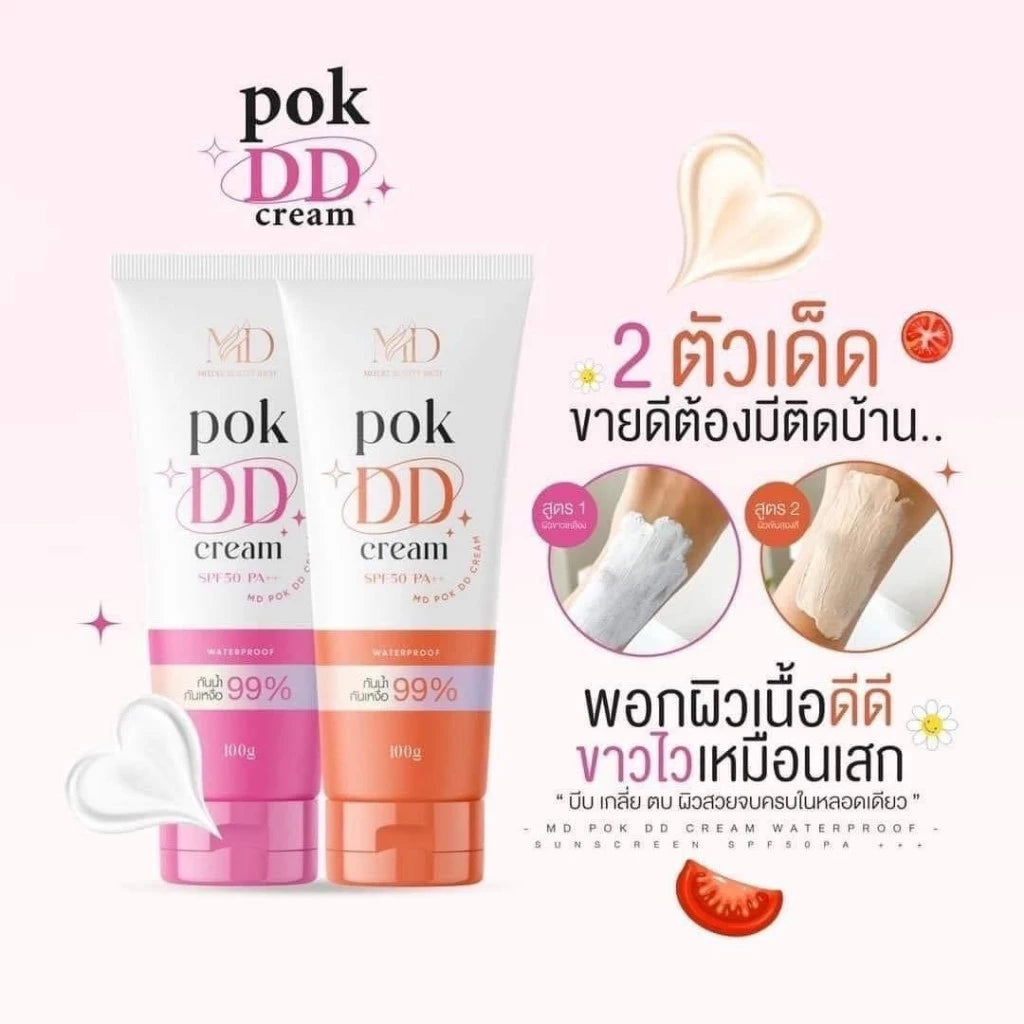 Woman applying Pok DD Cream for radiant protected glowing skin before after sun exposure results