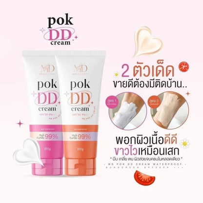 Woman applying Pok DD Cream for radiant protected glowing skin before after sun exposure results