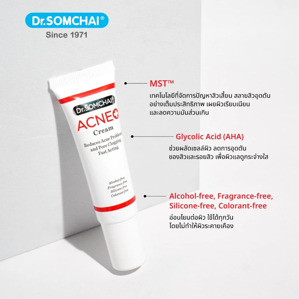Dr.Somchai Acne Cream texture close-up lightweight gentle formula Micronized Salicylic Acid comedolytic complex