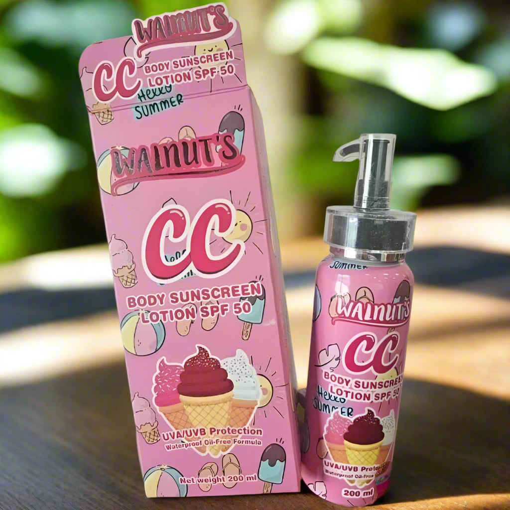 Walnut's CC Body Sunscreen Lotion SPF50 200ml Thai tone-up sunscreen showing radiant protected skin in Green and Pink shades for wholesale