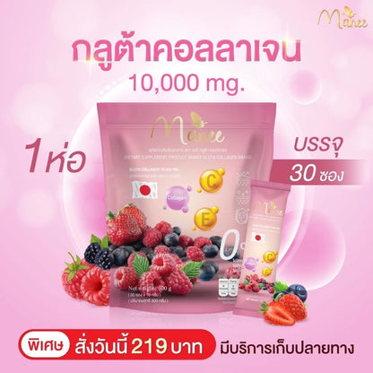 Beautiful radiant woman showing MANEE Gluta Collagen benefits with glowing skin strong nails healthy hair from beauty-from-within nutrition