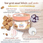 Dove body scrub with ingredients and benefits on a textured background