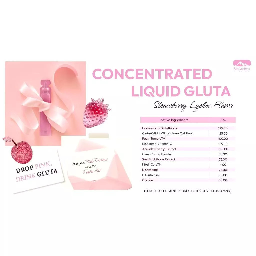 BioActive+ Concentrated Liquid Gluta Strawberry Lychee box packaging Thailand brightening supplement drink with dual glutathione