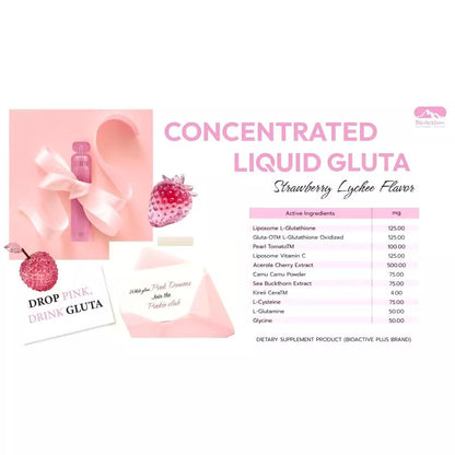 BioActive+ Concentrated Liquid Gluta Strawberry Lychee box packaging Thailand brightening supplement drink with dual glutathione