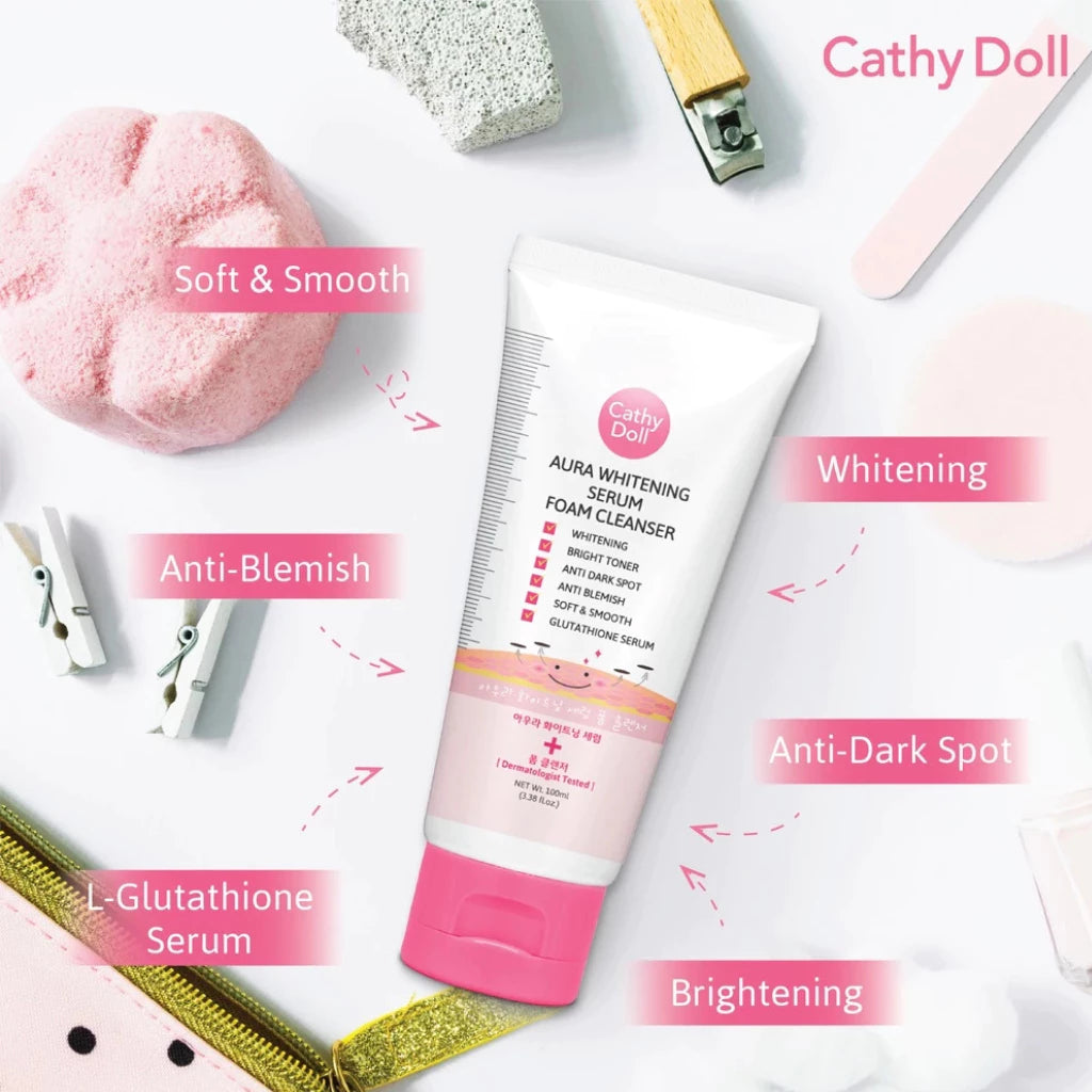 Woman lathering Cathy Doll Serum Foam Cleanser on face showing foam-to-serum transformation for deep cleansing and oil control