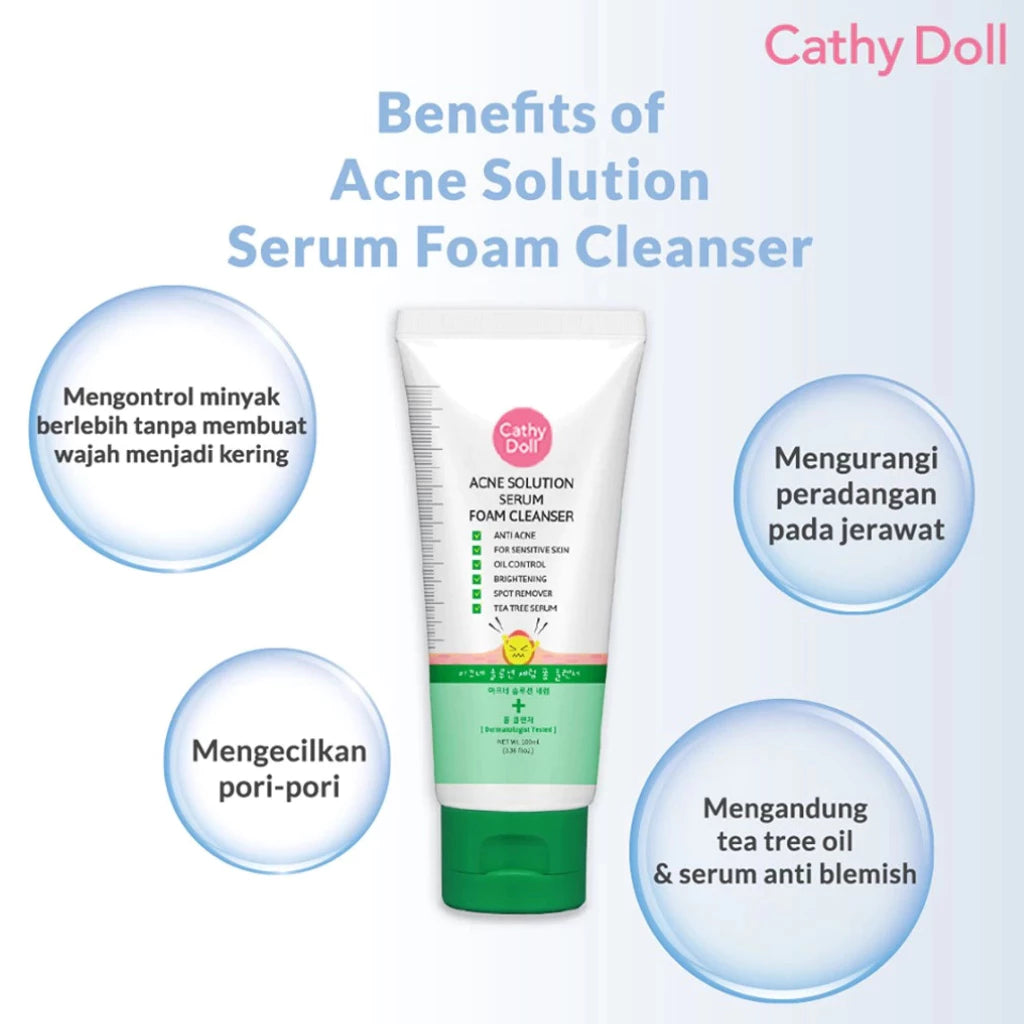 Woman lathering Cathy Doll Serum Foam Cleanser on face showing foam-to-serum transformation for deep cleansing and oil control