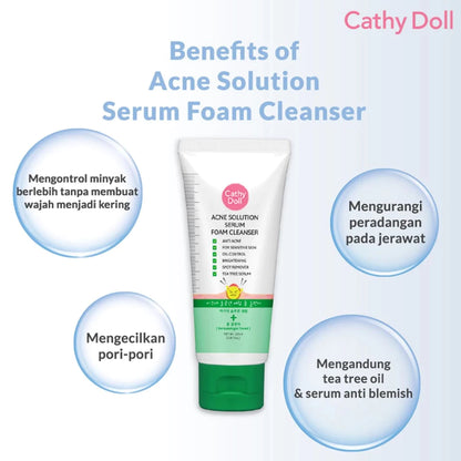Woman lathering Cathy Doll Serum Foam Cleanser on face showing foam-to-serum transformation for deep cleansing and oil control