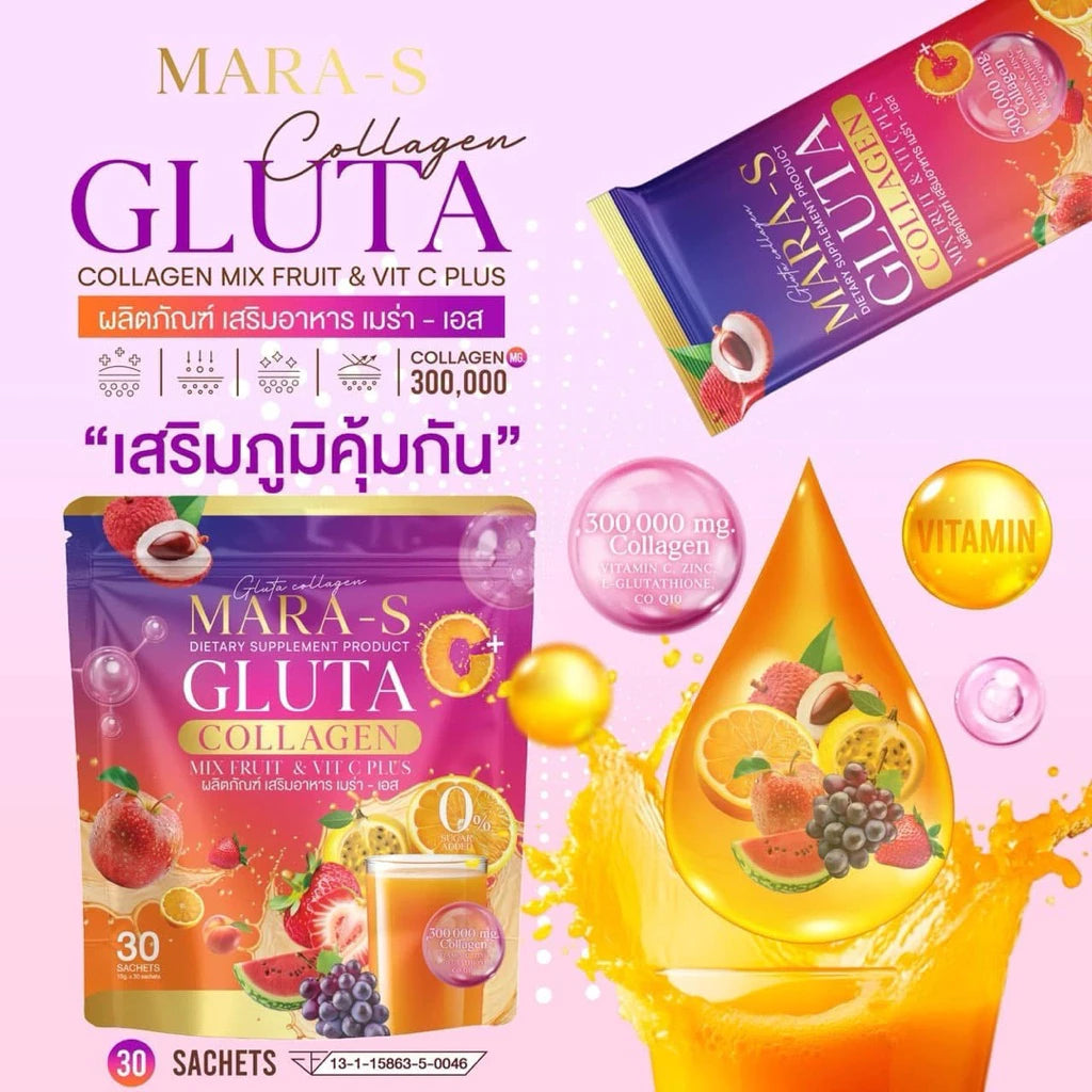 MARA'S Gluta Collagen 30 sachets Thai beauty drink showing radiant skin with 300000mg comprehensive formula for wholesale buyers
