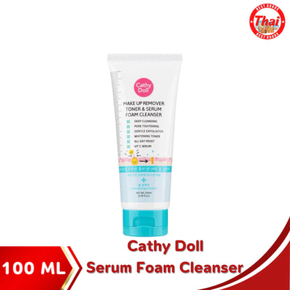 Woman lathering Cathy Doll Serum Foam Cleanser on face showing foam-to-serum transformation for deep cleansing and oil control