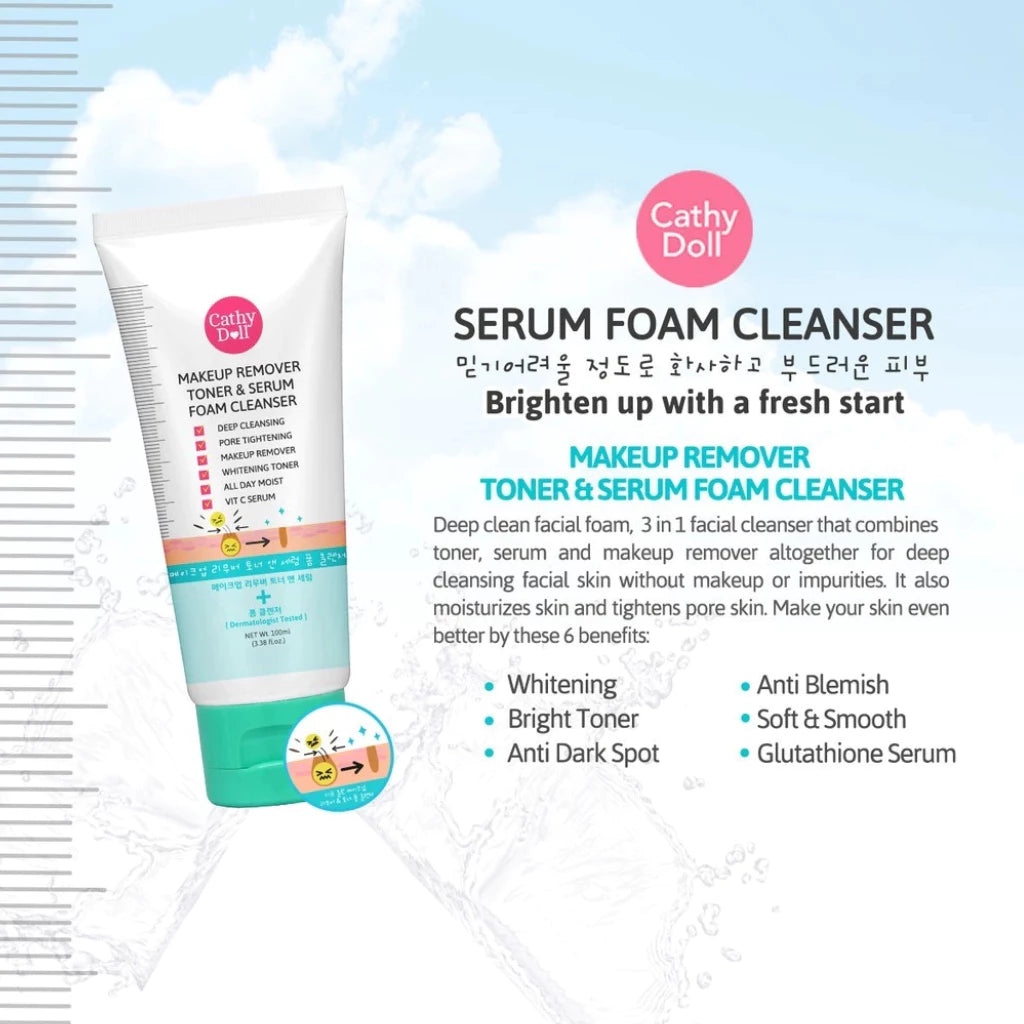 Cathy Doll Serum Foam Cleanser Aura Whitening Acne Solution 100ml – Oil Control, Brightening & Acne-Prevention Face Wash