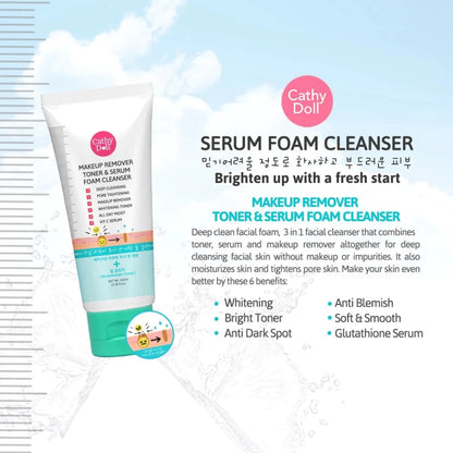 Cathy Doll Serum Foam Cleanser Aura Whitening Acne Solution 100ml – Oil Control, Brightening & Acne-Prevention Face Wash