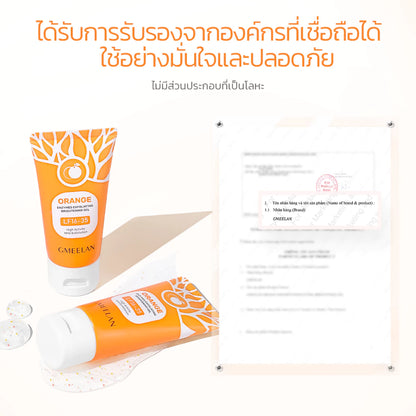 Woman applying GMEELAN Orange Enzyme Gel for smooth bright radiant glowing skin before after exfoliation results