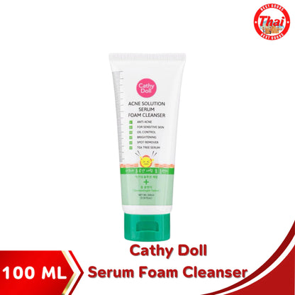 Woman lathering Cathy Doll Serum Foam Cleanser on face showing foam-to-serum transformation for deep cleansing and oil control