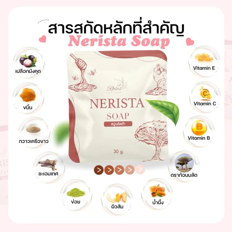 Nerista soap acne-fighting and brightening ingredients with dealer certification card showing authentic Thai quality assurance