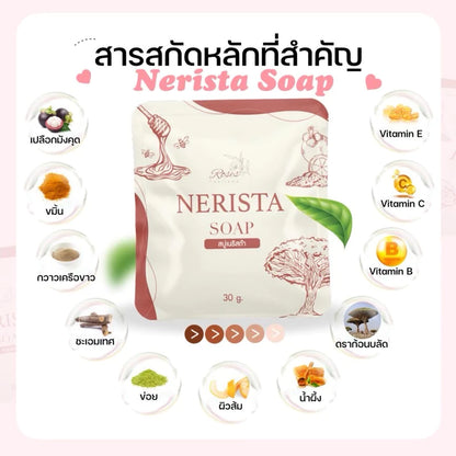 Nerista soap acne-fighting and brightening ingredients with dealer certification card showing authentic Thai quality assurance