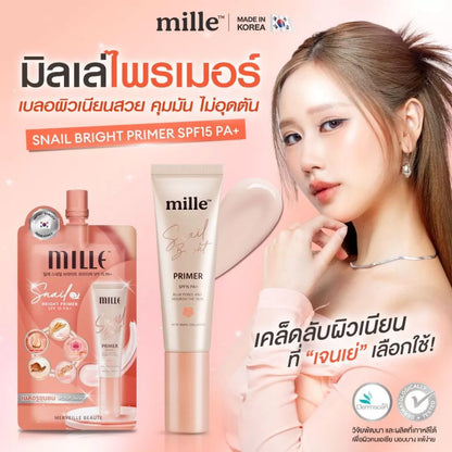 Mille Snail Bright Primer SPF15 PA+ 30ml tube packaging Thailand pore-blurring makeup primer with Snail Secretion Filtrate botanical extracts