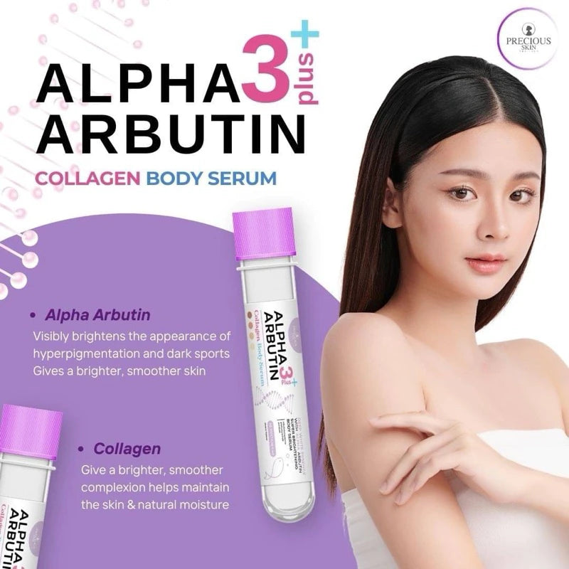 Precious Skin Alpha Arbutin 3 Plus Collagen Body Serum 45ml Thai FDA registered brightening essence showing radiant even-toned skin for wholesale