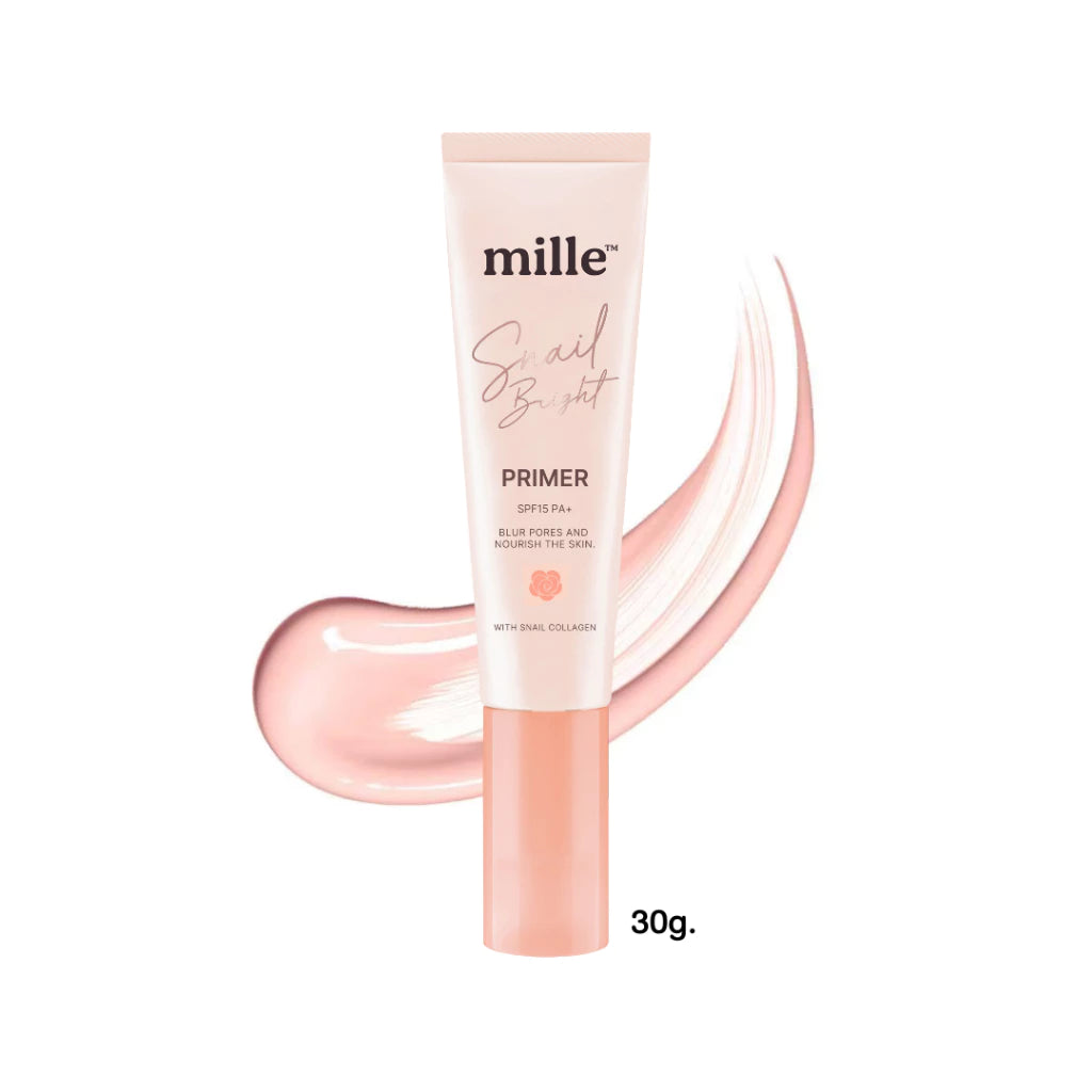 Mille Snail Bright Primer SPF15 PA+ 30ml tube packaging Thailand pore-blurring makeup primer with Snail Secretion Filtrate botanical extracts