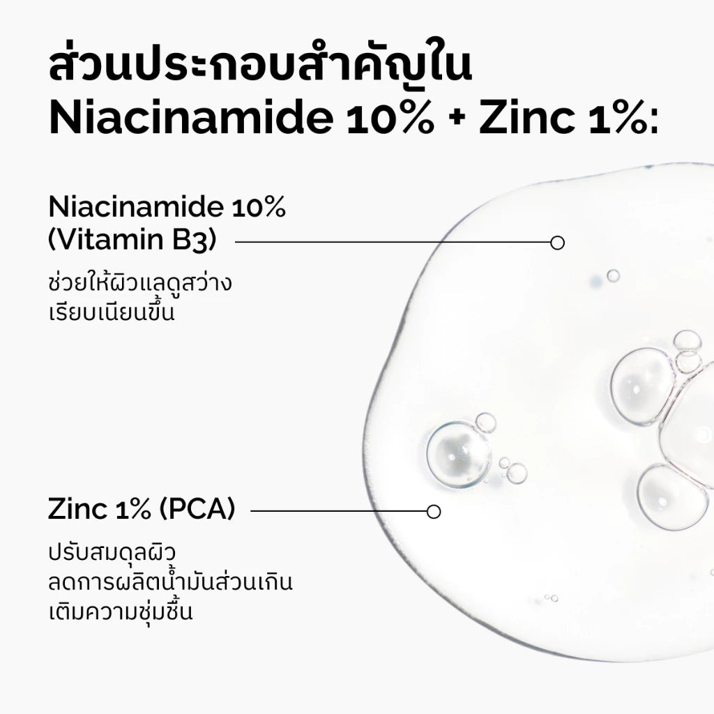 The Ordinary Niacinamide 10% Zinc 1% Serum bottle packaging Thailand water-based balancing facial serum for blemish prone skin