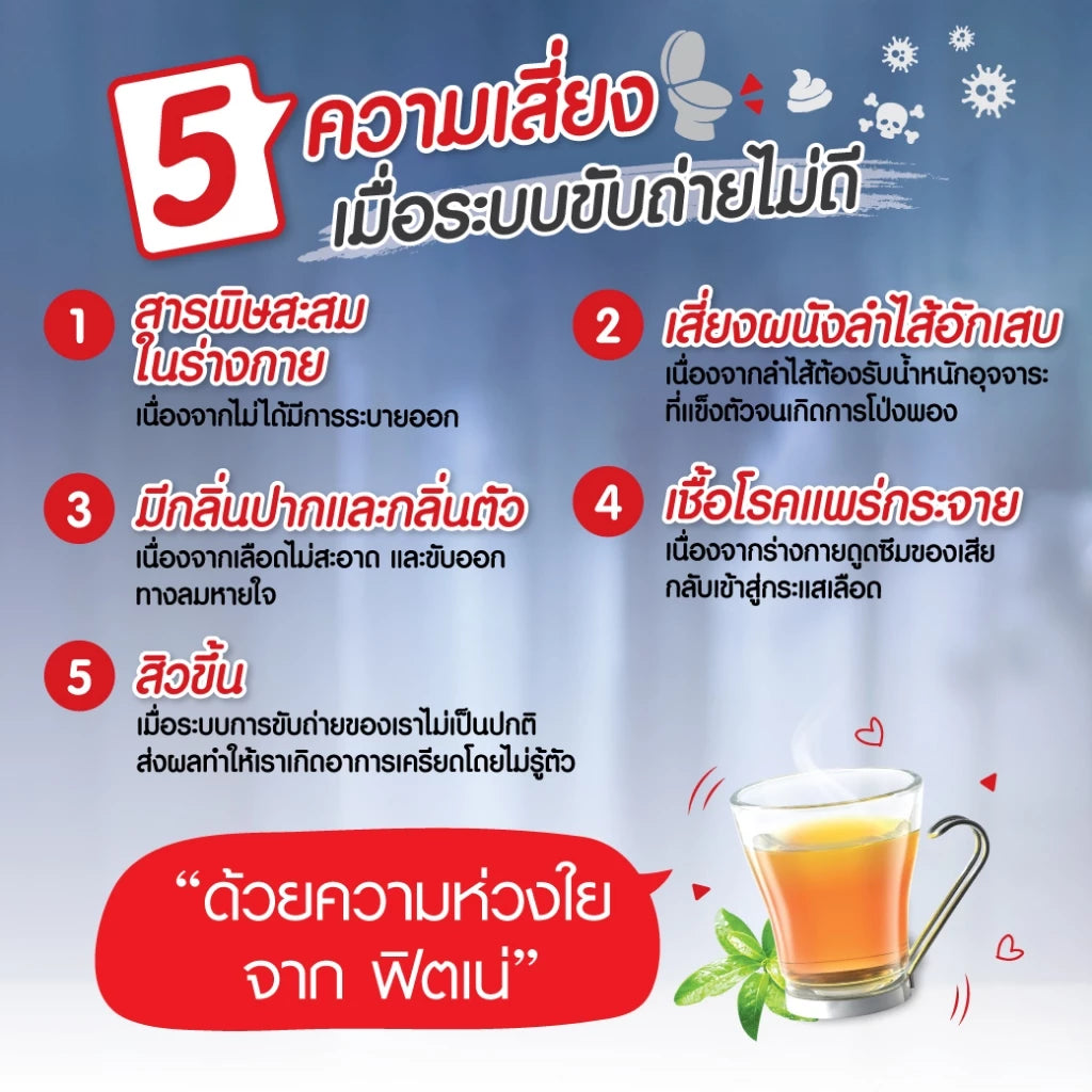 Fitne Herbal Tea sachets packaging Thailand natural digestive wellness tea with Senna Terminalia Chebula Stevia botanicals