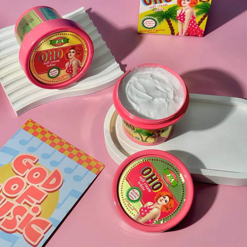 Before and after showing brightened elbows reduced stretch marks softened heels after 8 weeks of OHO Soft Cream White daily use